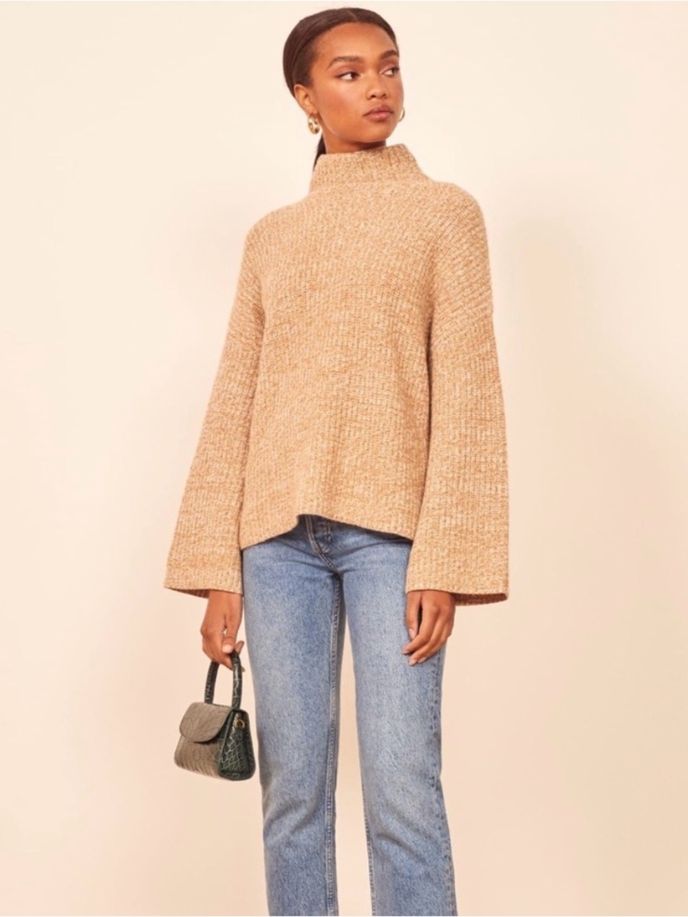 Reformation Fern Neck Sweater Camel Size Small YAK Wool Fall Minimalist Knitwear